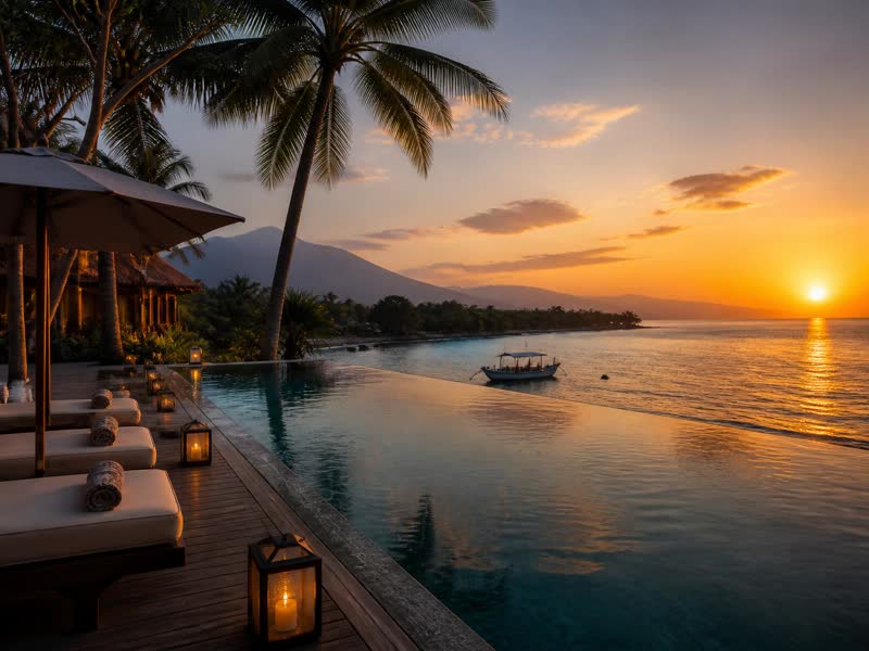 Beachfront resort infinity pool facing the ocean at sunset in Pemuteran, West Bali