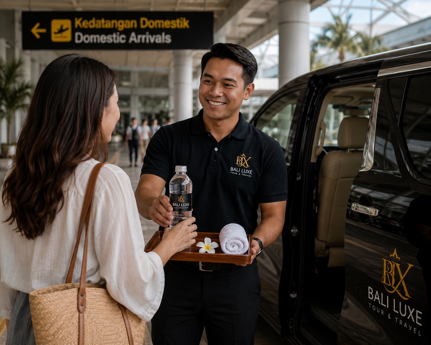 Bali Luxe chauffeur welcoming a guest at Ngurah Rai Airport with complimentary mineral water and chilled towel beside a black Alphard