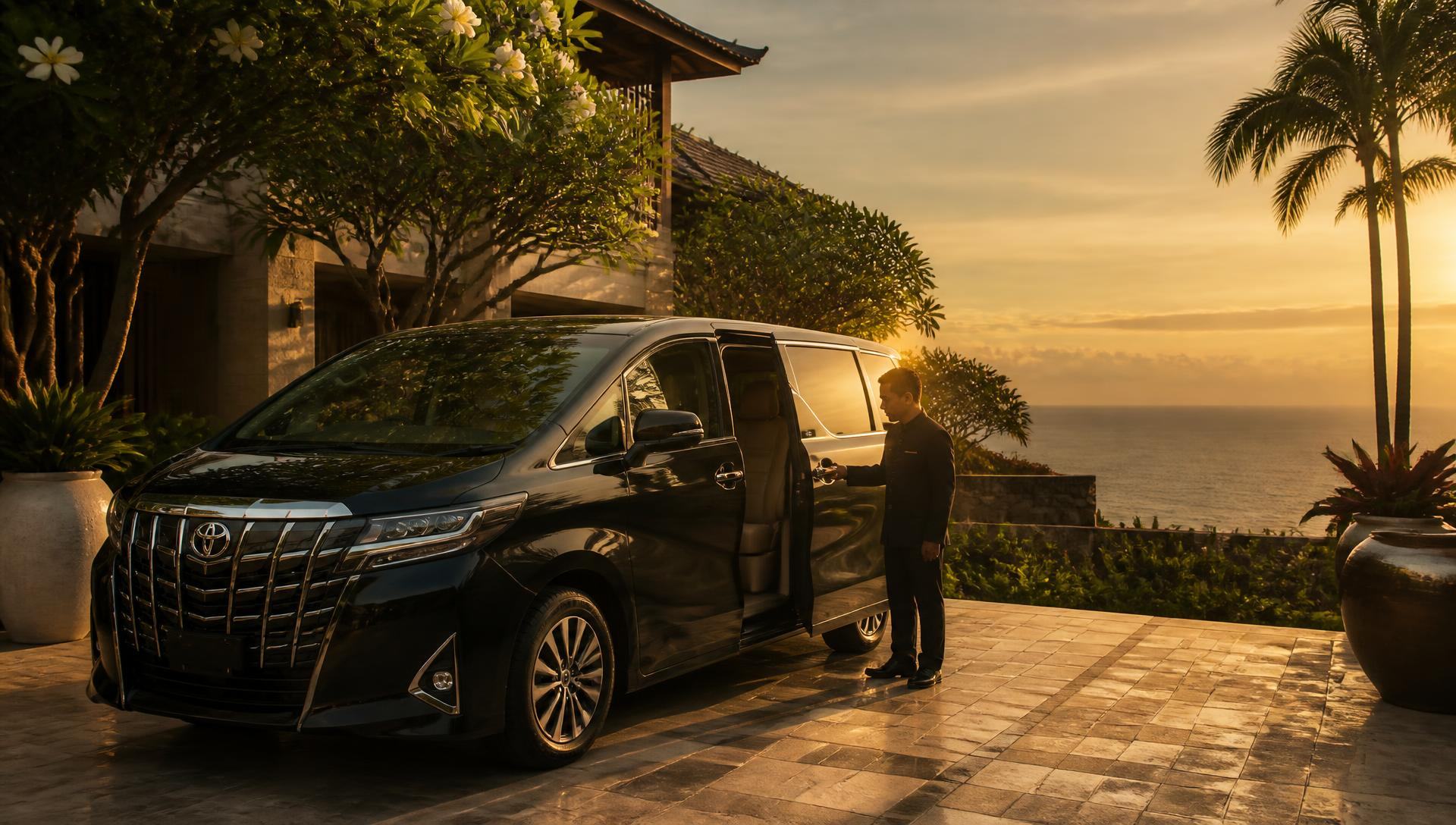Luxury Bali holiday with private chauffeur beside a luxury vehicle at a cliffside resort