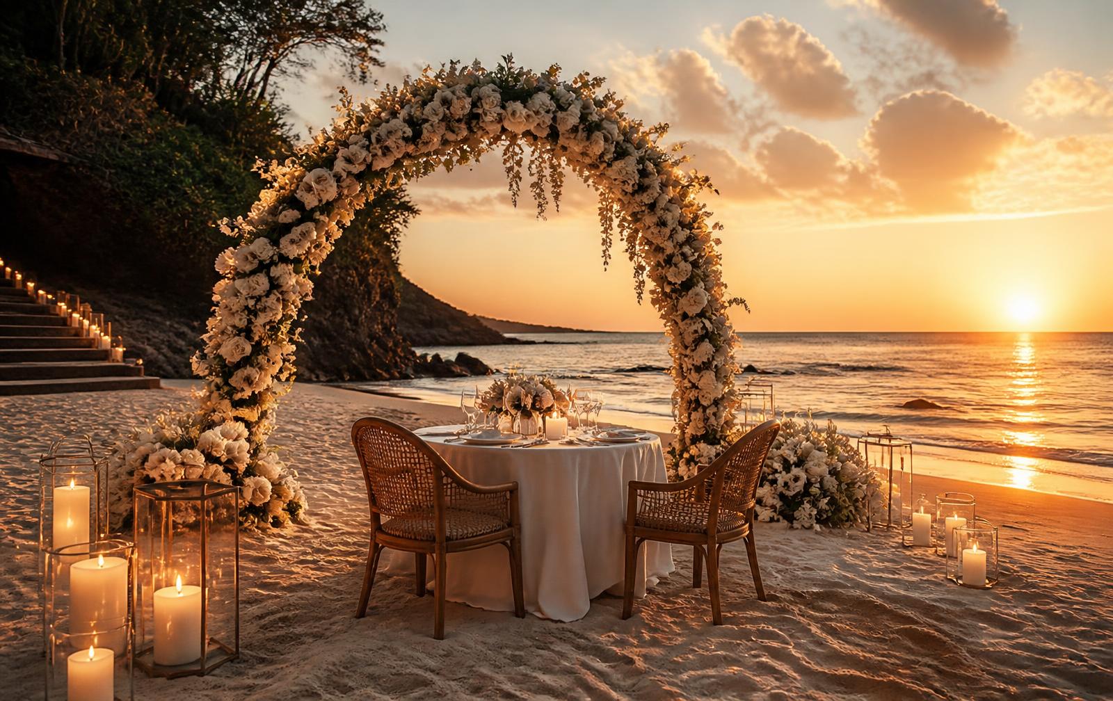 A private sunset celebration on a Bali beach with floral arch and candlelight
