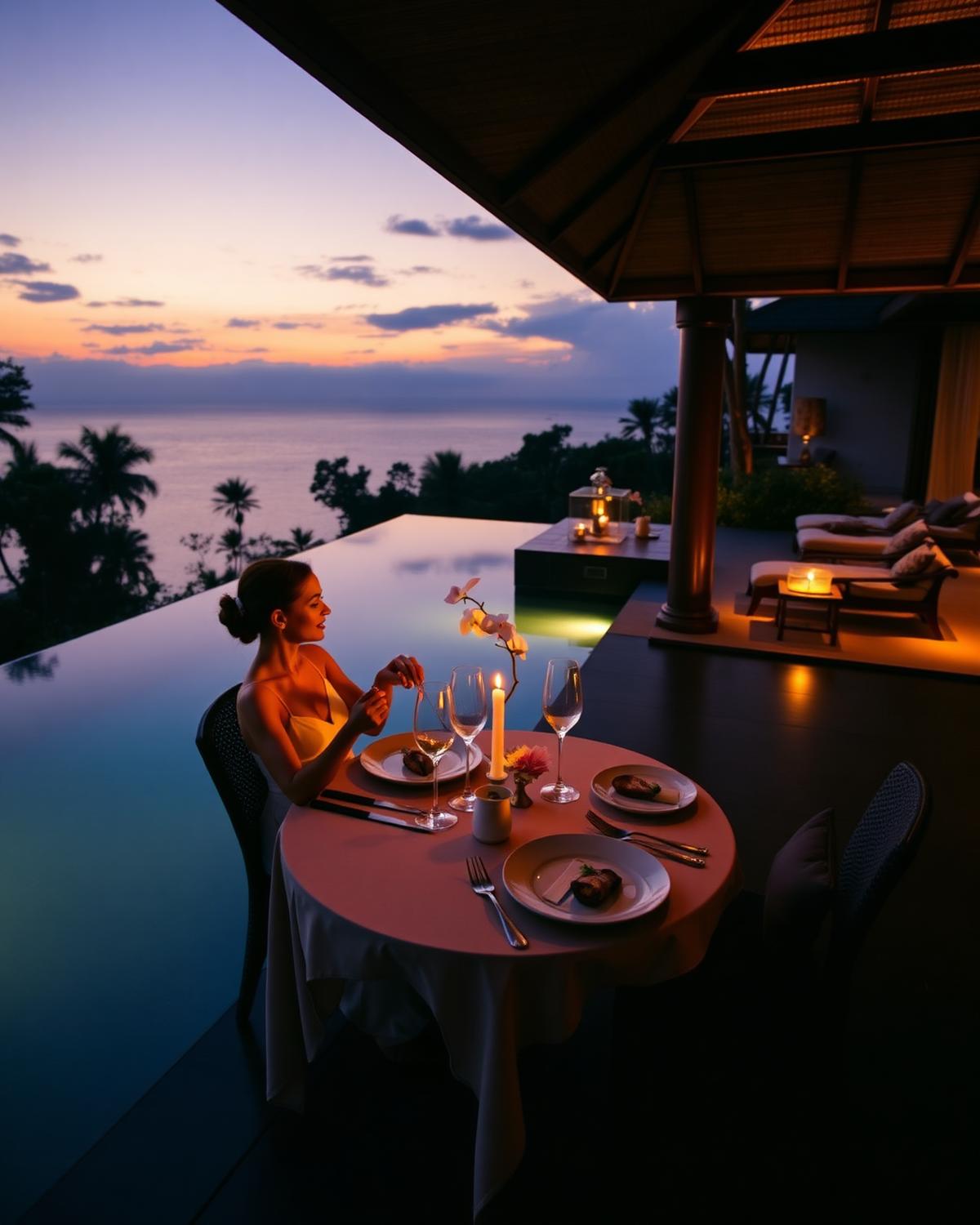Private candlelit dining by a Bali villa infinity pool
