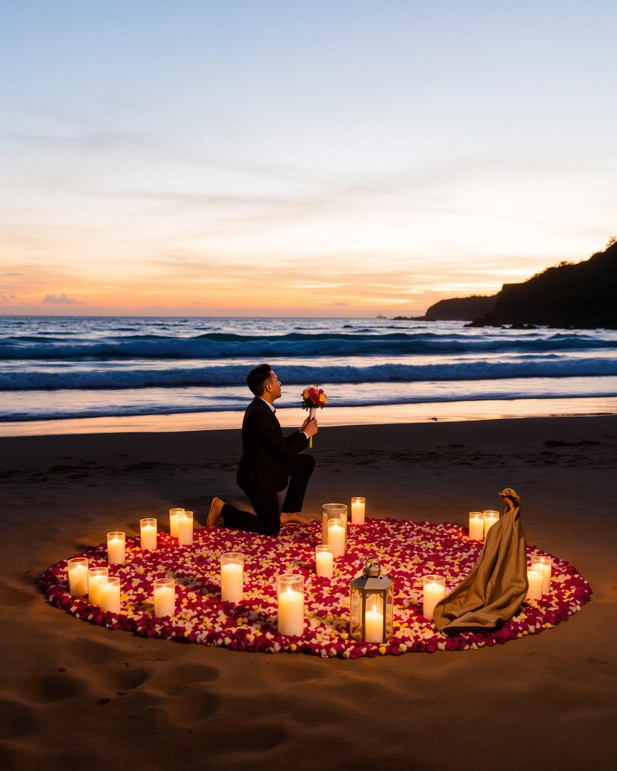 Private beach proposal setup at sunset in Bali