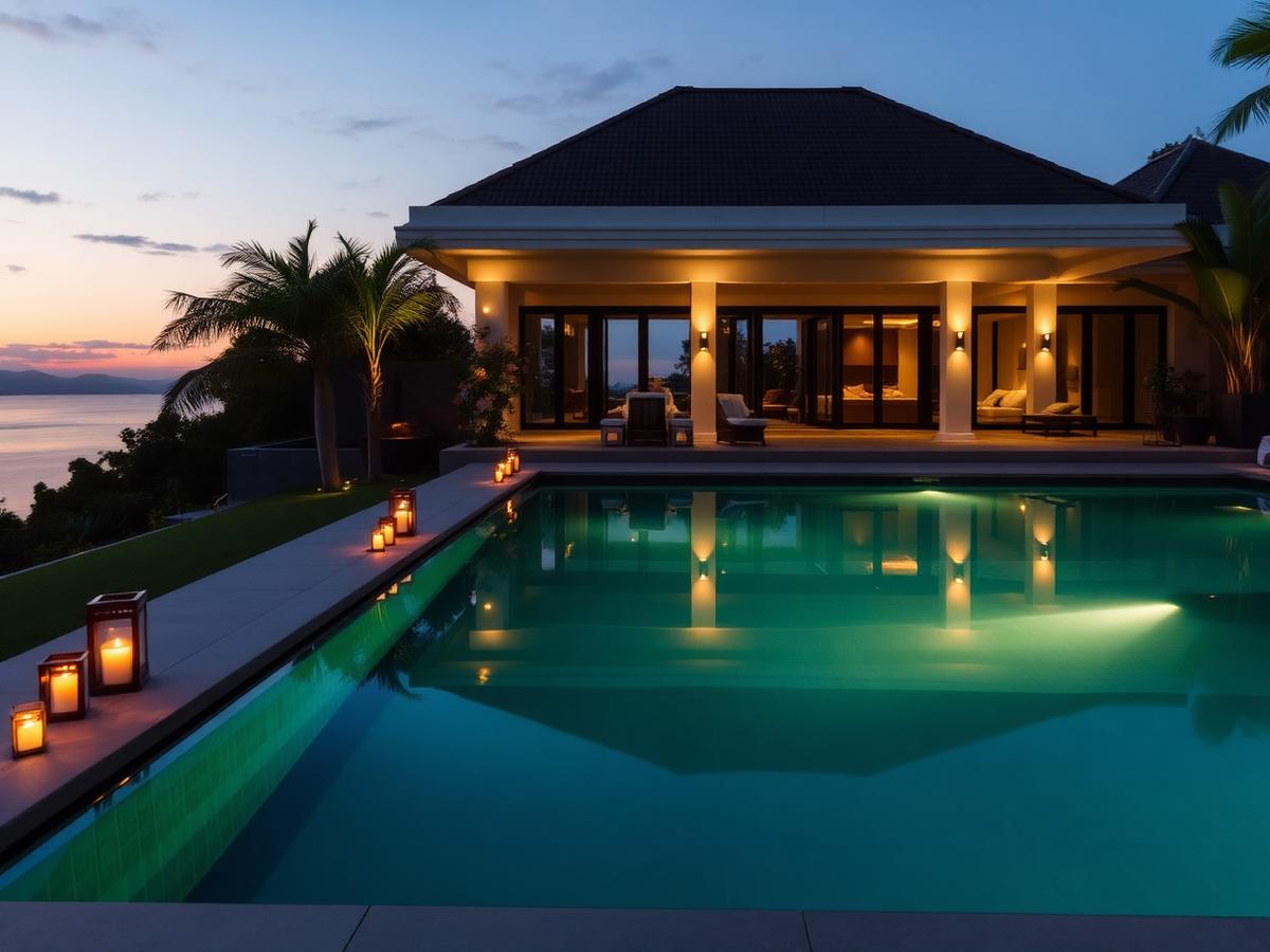 Luxury Bali villa prepared for a private event at dusk